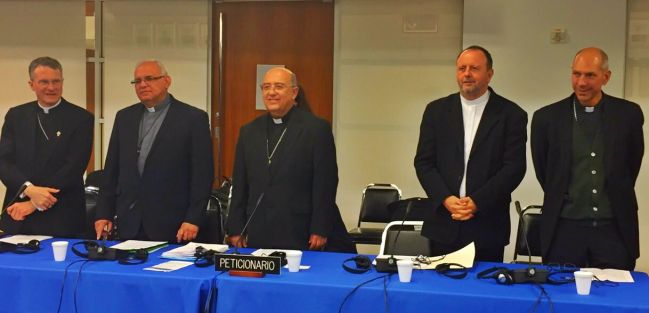 Archbishop Timothy Broglio, Bishop Alvaro Ramazzini, Archbishop Pedro Barreto, Bishop Roque Paloschi and Bishop Donald Bolen stand before the Inter-American Commission on Human Rights.