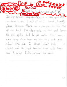 handwritten review of Drop by Drop by 8 year old