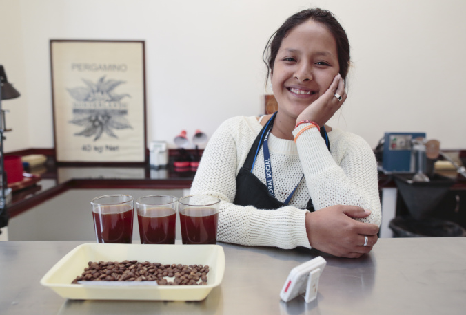 Portrait of Mar’a Yelud Leyt—n Ch‡vez, 18, in charge of the Borderlands project coffee quality lab at Pasto, Nari–o in Colombia. She is member of a displaced family. Her father fled Nari–o for La Florida escaping death threats from paramilitaries. She is studying an online coffee management technical career and helping her family with her new job. Photo by Oscar Leiva/Silverlight for Catholic Relief Services