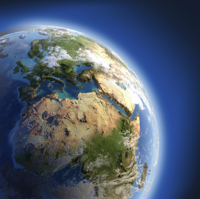 A fragment of the Earth with high relief, detailed surface, translucent ocean and atmosphere, illuminated by sunlight